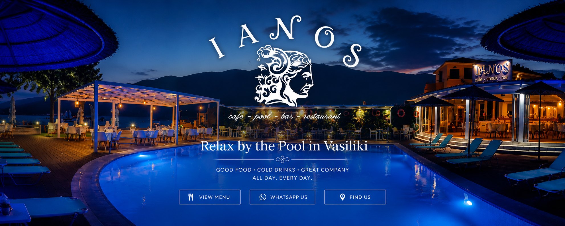 IANOS beach bar and pool at dusk in Vasiliki - relax by the pool. Good food, cold drinks, great company, all day every day.
